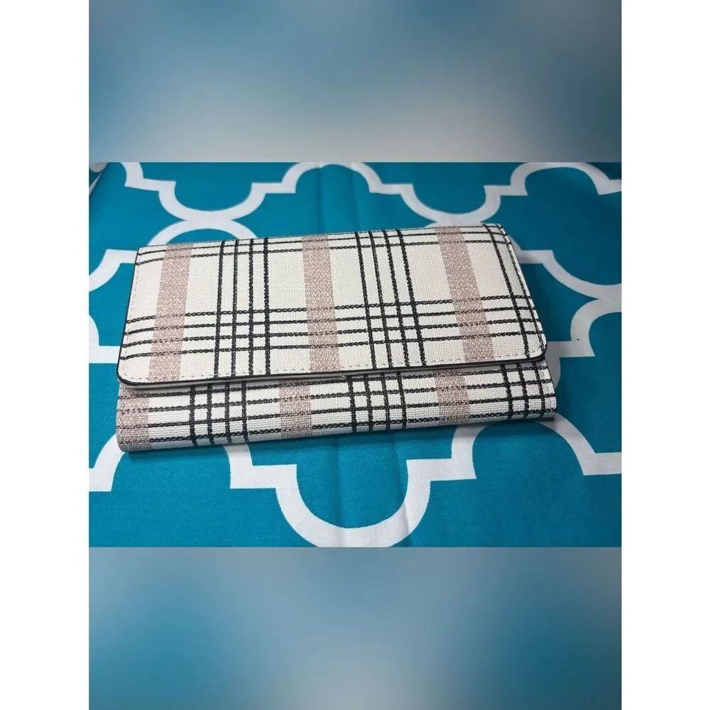 New Boho Plaid Fold-Over Wallet Clutch in Cream and Rose Gold RFID Blocking